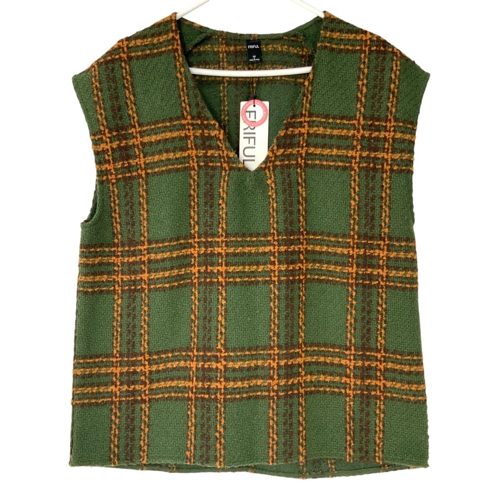 Friful Green Plaid Sweater Vest M Pullover V-Neck Sleeveless Wool Blend Textured